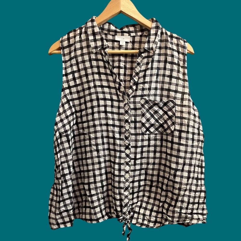 J. Jill Sleeveless Top Womens XL Black White Gingham Cotton Silk Tie Front